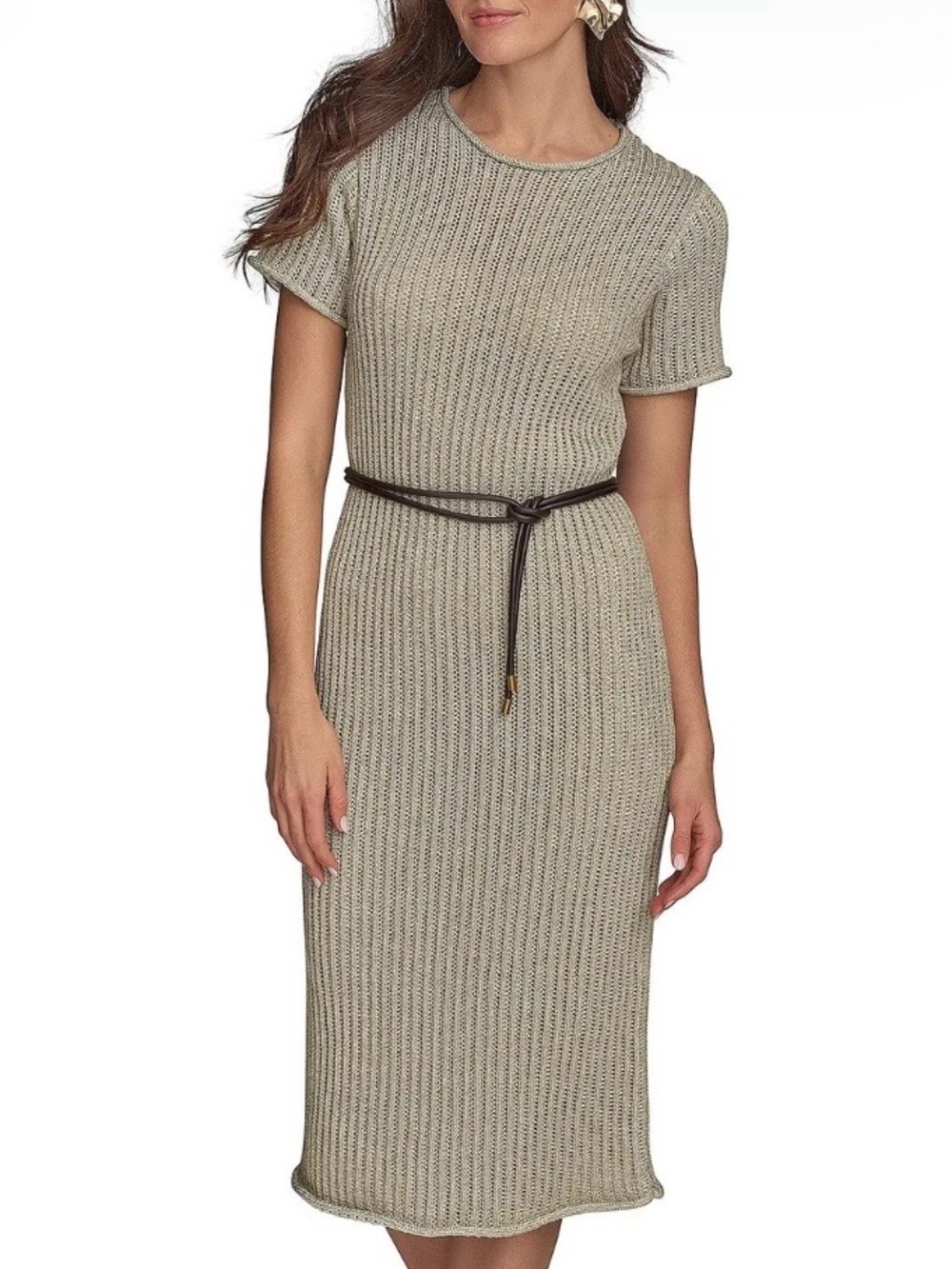 Donna Karan Taupe Knit Short-Sleeve Midi Dress